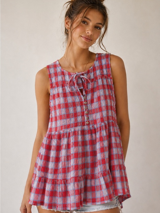 Pilcro Tops - Pilcro Red & Lavender Plaid Sleeveless Tiered Tunic Coverup